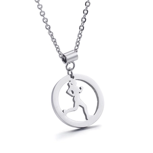 Silver stainless steel necklace featuring a running woman silhouette inside a circle