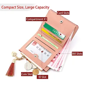 Portefeuille court rose pour femme avec gland coeur et multiples fentes pour cartes