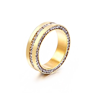Double row micro-pave gold stainless steel ring with white cubic zirconia stones