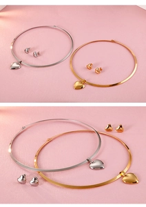 Matching gold and silver stainless steel heart necklace and stud earring jewelry sets