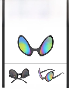 Detailed views of alien sunglasses with bright black frames and colorful lenses