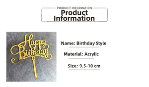 Detailed view of mirror gold acrylic Happy Birthday cake topper with 10cm size specs