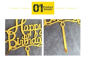 Detail of gold mirror acrylic Happy Birthday cake topper with reflective finish