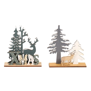 DIY wooden Christmas tabletop decor with reindeer, tree silhouettes and XMAS letter cutouts