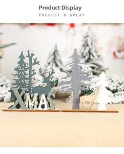 Detail of DIY wooden Christmas tabletop ornaments featuring reindeer and XMAS cutout