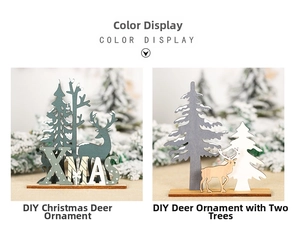 Detail of DIY wooden Christmas elk ornaments with XMAS letters and snow effects