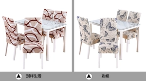 Detail of two elastic dining chair covers featuring abstract lines and vintage butterfly prints