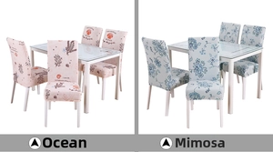 Elastic chair covers in Ocean and Mimosa floral patterns with high-stretch knit fabric