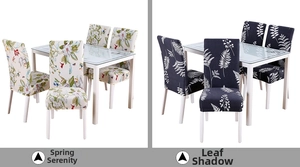 Close-up of elastic chair covers featuring fresh floral and modern leaf patterns