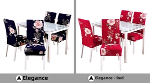 Detail of floral stretch chair covers in blue and red patterns with elastic fabric