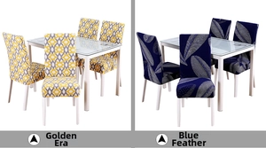 Close-up of geometric and gold feather patterns on stretch elastic chair covers