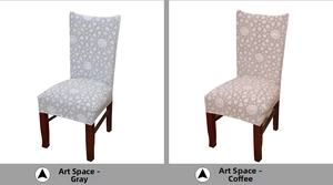 Detail of stretchable chair covers in grey and coffee with geometric knit texture