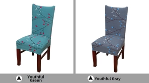 Detail view of stretch chair covers in lake green and grey with floral branch patterns