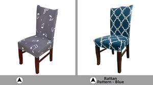 Close-up of stretch dining chair covers in grey music note and teal trellis patterns