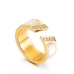 Stainless Steel Ring With Shell Inlay And Cubic Zirconia Adjustable Open Finger Jewelry For Women Elegant Trendy