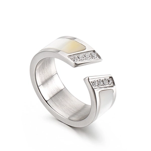 Modern silver 18k plated open ring with white shell inlay and zircon accents