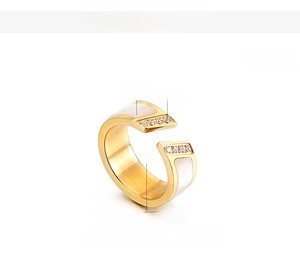 Detail view of 8mm stainless steel ring with shell inlay and zircon accents