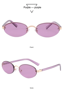 Detail view of purple oval rimless sunglasses with gold metal bridge and transparent arms