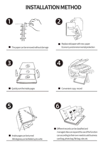 Instructional diagram for installing 28mm transparent discbound notebook binder rings