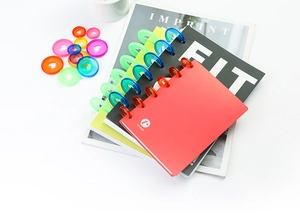 Detail of 28mm transparent colorful discbound rings and binder covers in various colors