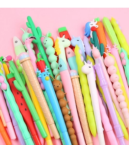 Collection of colorful cartoon silicone gel pens with cactus, unicorn and flamingo shapes
