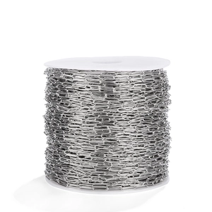 Detail of 4mm stainless steel rolo oval chain links on a white spool for DIY jewelry