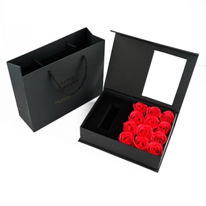 Black flip-top gift box with 9 red soap roses and Love Forever gold lettering gift bag