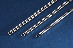 Three widths of silver Cuban link chains in polished stainless steel for men