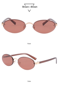 Front and side views of brown oval rimless sunglasses with gold metal bridge and accents