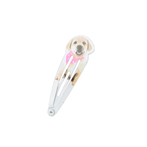 Cute white BB hair clip featuring a yellow Labrador puppy print with a pink polka dot scarf