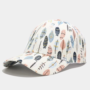 Summer baseball cap with colorful feather pattern on cream cotton fabric, outdoor sun hat