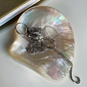 Silver pendant necklace with ring and bar charms displayed in an iridescent shell tray