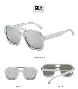 Detailed multi-angle views of silver square pilot sunglasses with grey lenses and double bridge