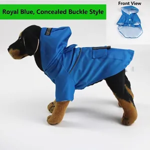 Detail view of royal blue pet raincoat featuring reflective safety strips and hooded snap closure