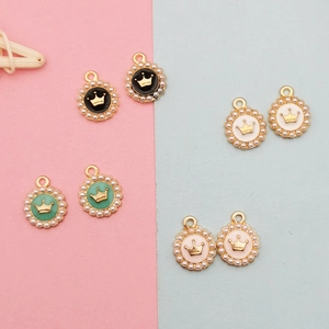 Golden crown pendants with pearls and colorful enamel for DIY jewelry making