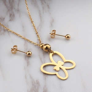 Butterfly Pendant Necklace And Ball Stud Earrings Stainless Steel 18K Gold Plated Simple Elegant Fashion Jewelry For Women