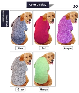 Collage of large dogs wearing knitted pet sweaters in blue, red, purple, gray, and green