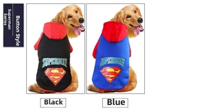 Detail showing Superman logo on navy blue and black pet hoodies for large dogs