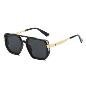 Modern unisex aviator sunglasses with black square frames and gold metal temples