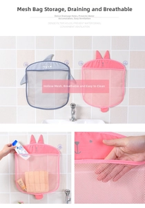 Detail showing dense mesh of cartoon shark and rabbit bath toy organizers for water drainage