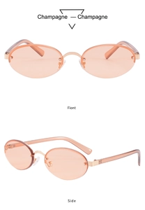 Front and side view of oval rimless sunglasses with champagne lenses and metal temples