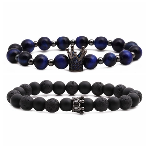 Bracelets de perles couronne en œil de tigre et pierre volcanique pour couples