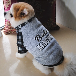 Detail of warm dog hoodie with grey body, plaid sleeves, and Babe MAGNET print