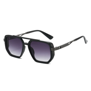Retro pilot sunglasses with black square frames and gradient purple lenses at 45-degree angle