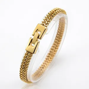 Polished gold stainless steel wheat chain bracelet for men with folding clasp closure