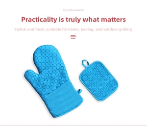 Close-up of blue silicone oven mitt and pot holder with anti-slip grid texture