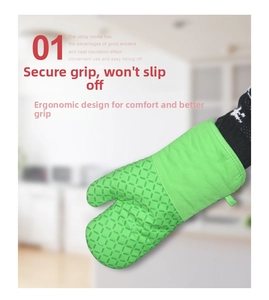 Close-up of bright green heat-resistant silicone oven mitt with anti-slip diamond texture