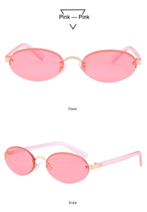Front and side view of rimless oval sunglasses with pink lenses and gold metal bridge