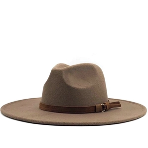 Classic camel wide brim wool fedora hat with a leather band and gold buckle
