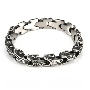 Detail shot of industrial retro style steel bike chain bracelet for men with textured links